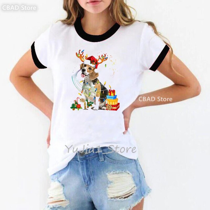 Santa Beagle/Labrador Reindeer Christmas Lights Print Tshirt Girls Funny White T Shirt Women'S Clothing Harajuku Shirt Tops