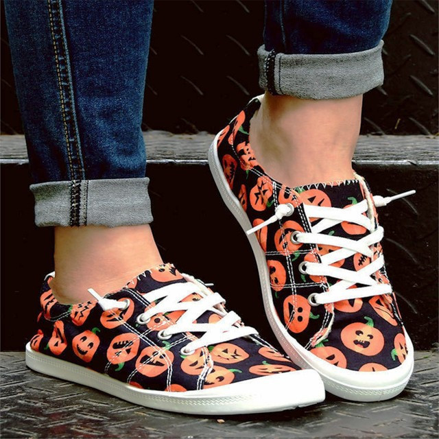 Female Sports Flats Ladies Loafers Breathable Canvas Shoes Fashion Women's Pumpkin Printed Halloween Vulcanize Shoes Sneakers