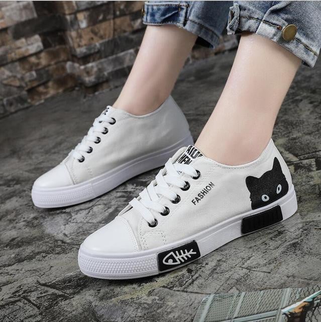 2020 New Arrival Fashion Lace-up Women Sneakers Women Casual Shoes Printed Women Shoes Cute Cat Girl canvas shoes size 33-41