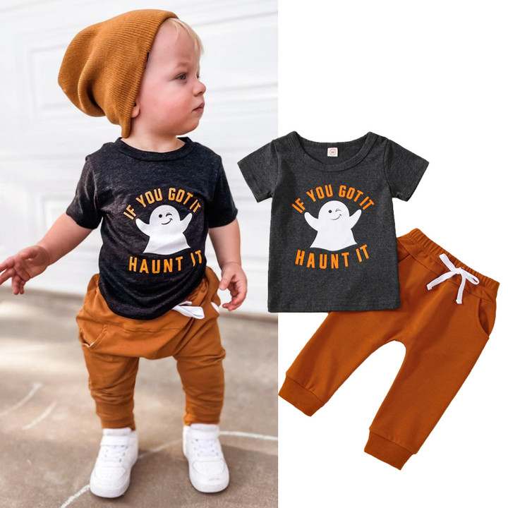 2pcs Summer Baby Boys Halloween Clothes Sets 0-24M Cartoon Letter Printed Short Sleeve T Shirts+Solid Pants