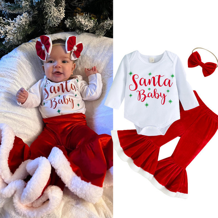 3pcs Christmas Baby Girls Boy Clothes Sets 0-18M Xmas Letter Long Sleeve Romper Tops+Fur Velvet Bell-Bottoms Pants