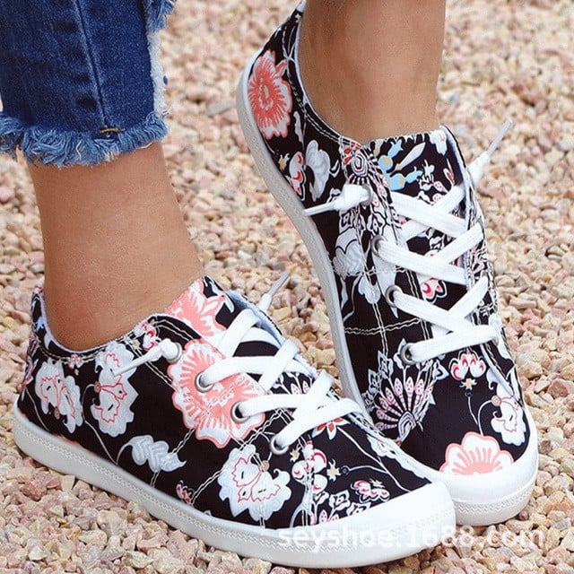 New Women Casual Sneakers Elegant Floral Printed Lace Up Flat Slip on Shoes Fashion Round Toe Vulcanized Shoes zapatos de mujer