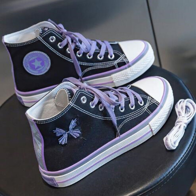 Purple Butterfly Embroidery Women Canvas Sneakers Tenis Feminino Espadrilles Girl Reflective Black Hip Hop Platform Sports Shoes