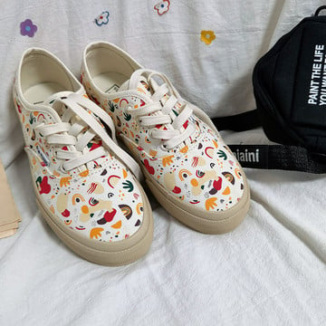 Beige Printed Canvas Shoes Women Multicolor Girls Summer Skateboard Shoes Personality Cartoon Fashion Sneakers Good Quality35-40