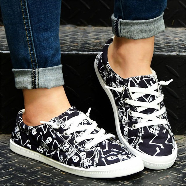 Fashion Women's Skull Skeleton Printed Halloween Female Vulcanize Shoes Sports Flats Breathable Canvas Shoes Sneakers Loafers#g3