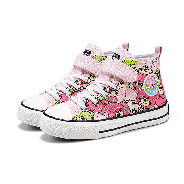 2022 Spring Fashion Red Cartoon Print Canvas Shoes for Girls High top Kids Sneakers Skateboard Flat Children Shoes basket fille