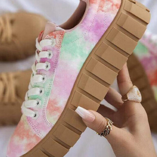 Women Platform Sneakers Woman Mixed Color Canvas Shoes Ladies Lace Up Casual Flat Female Comfort Round Toe Vulcanized Plus Size
