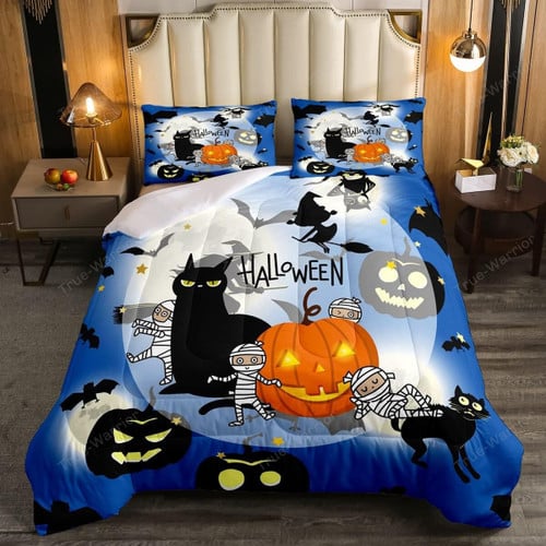 Enchanting Witch Cat and Halloween Bedding Set: Cozy Magic for Your Bedroom Bedding Set