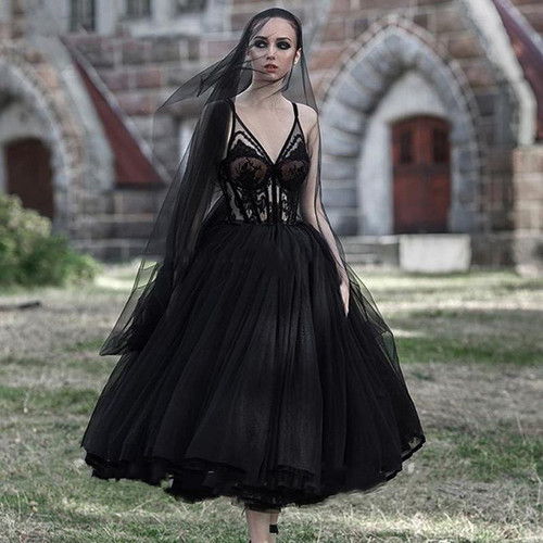 Gothic Black Wedding Dresses Puffy A Line Tea Length