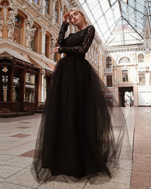 Black Loyal Wedding Dresses A-Line Scoop Neck Translucent Long Sleeves