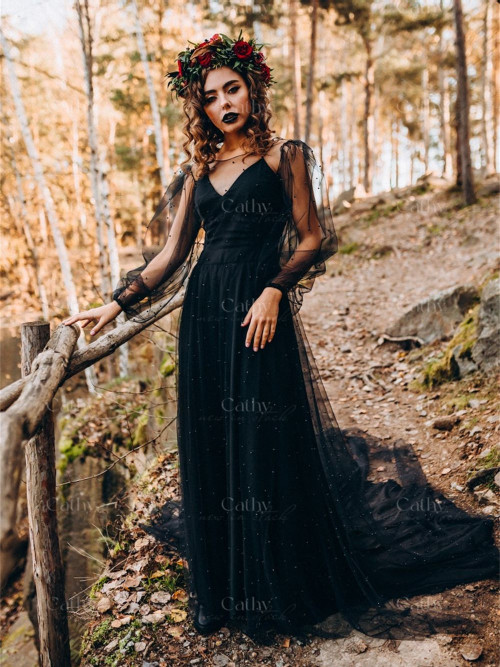 Black Tulle Sweep Train Wedding Gown Gothic A-line Black Wedding Dress