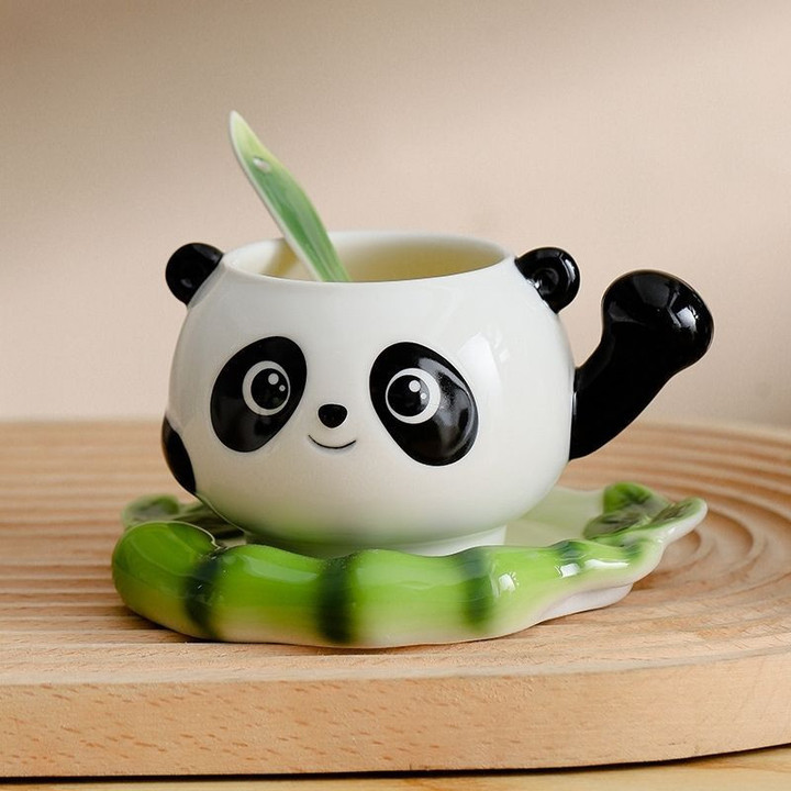 Panda Coffee Cups with Saucer Spoon Creative Ceramics Mugs Hot Breakfast Tea Milk Water Bottle 250ml Christmas Birthday Gift