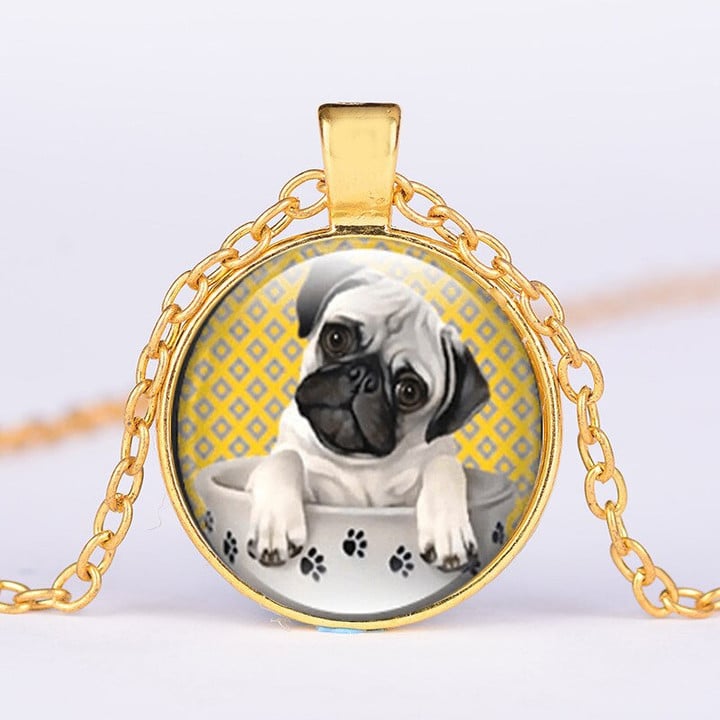 SIAN Lovely Pug Dog Necklace for Women Men Glass Cabochon Round Necklace Pendants The Best Gift for Dog Lovers Jewelry New
