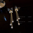 Rhinestone Butterfly Pearl Chain Tassel Earrings