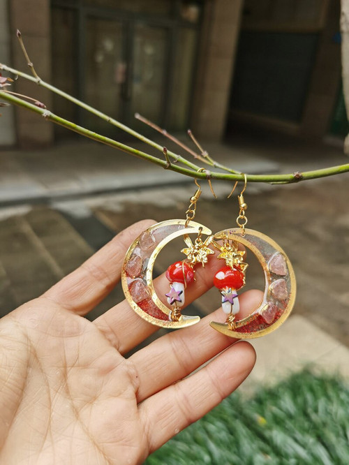 Handmade Fairy Mushroom And Moon Drop Dangle Earrings