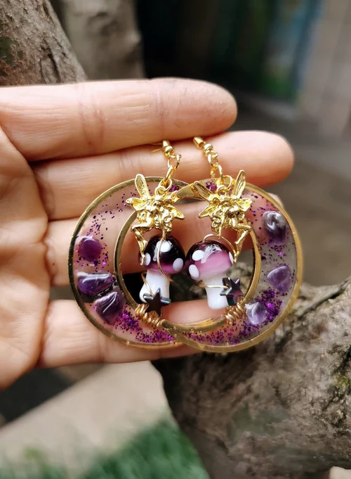Handmade Purple Mushroom Earrings