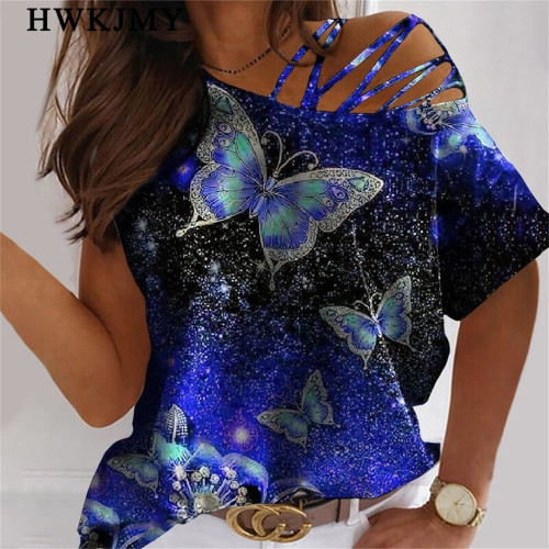 Short Sleeve Shirts Butterfly Printed Tops Ladies