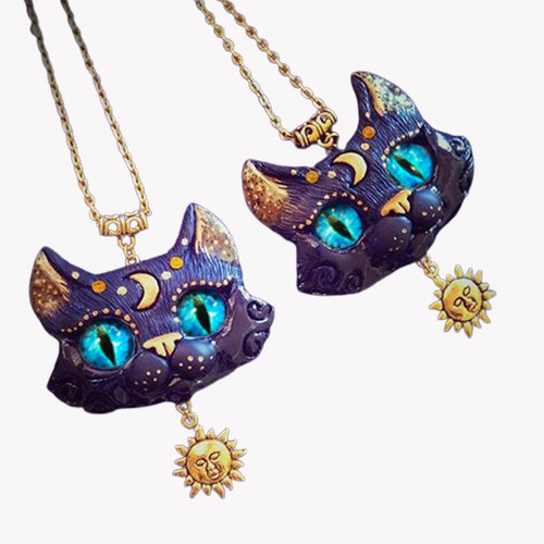 Blue Cat Head Pendant Necklace