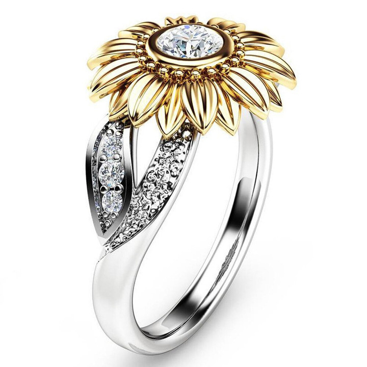 Sunflower Rhinestone Silver Gold Ring