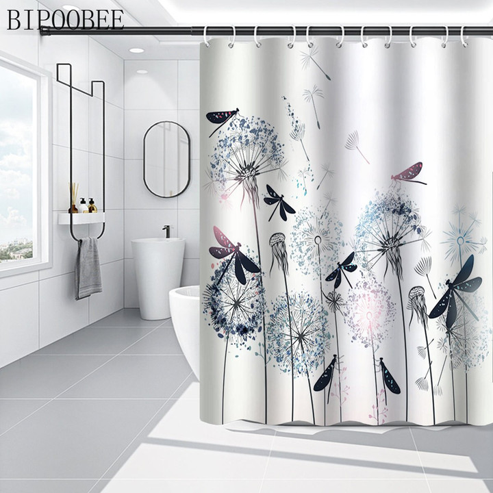 Dragonfly Dandelion 3D Print Shower Curtain for Bathroom