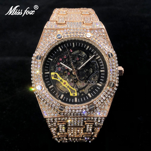 Skeleton Mechanical Watches For Men Luxury Diamond High End Automatic Watch Hip Hop Ice Out Bling relogio masculino Dropshipping