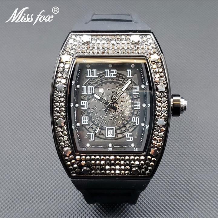 Luxury Watch For Men Large Wrist Full AAA Cuban Zircon Iced Out Star Case Quartz Watches Silcone Strap Calendar Male Dropship