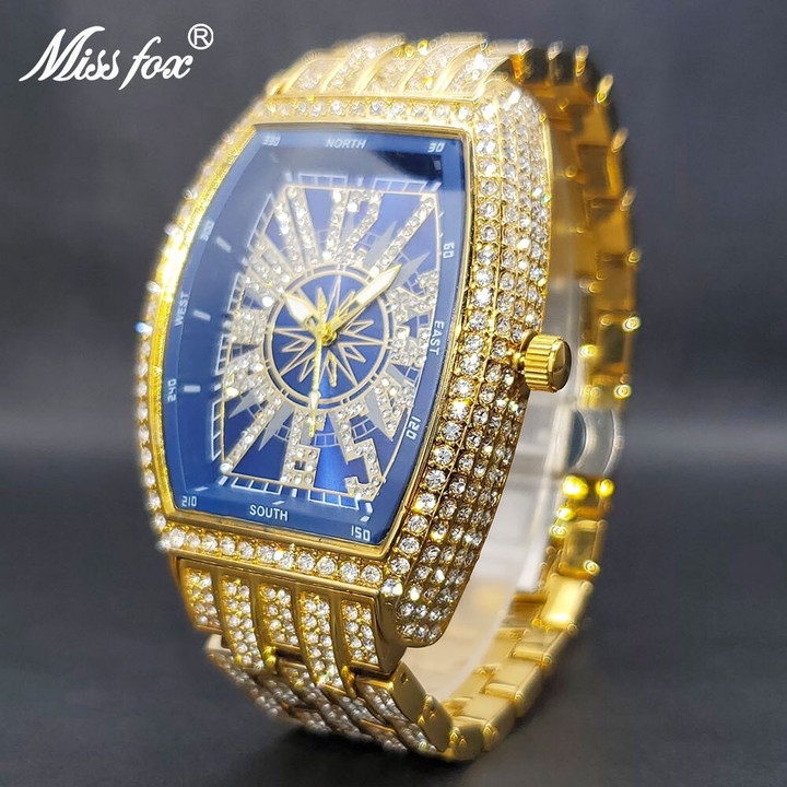 V of Iced Out Watch For Men Big Wrist Full Diamond Quartz Watches Men's 55mm Blue Face Hip Hop Accessories Waterproof Reloj Hombre