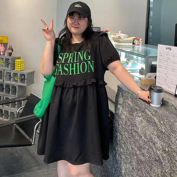 2023 Summer Dress Short Sleeve Letter Printed Ruffle Black Dress Fat Girl Loose Fashion Casual Oversize Dresses New