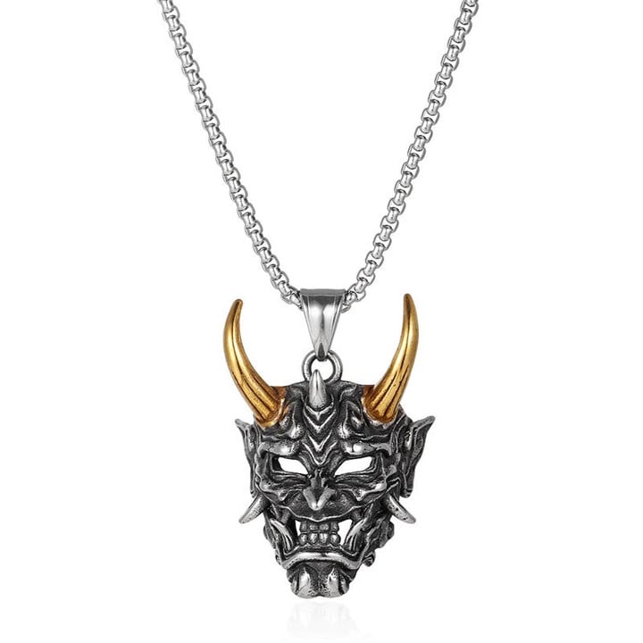 Demon Mask Japanese Samurai Oni Pendant Necklaces for Men Jewelry Women Long Chain Hip Hop Rock Party Chokers