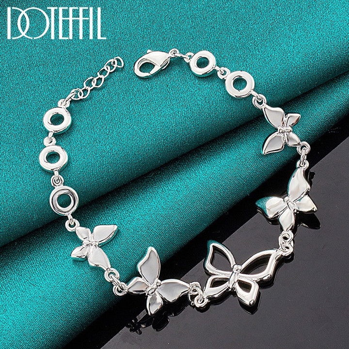 DOTEFFIL 925 Sterling Silver Five Butterfly Chain Bracelet For Woman Fashion Charm