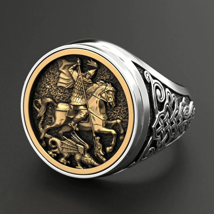 Punk Cool Men's Finger Ring Dual Gold Color Metal Rome Soldier Horse Dragon Rings