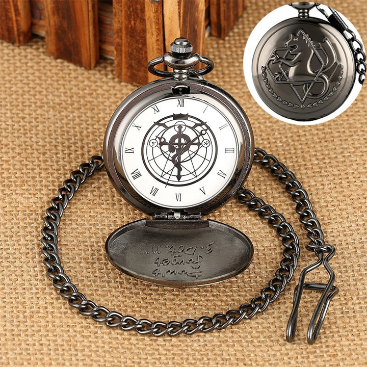 Retro Silver/Bronze Tone Fullmetal Alchemist Pocket Watch Cosplay Edward Elric Anime Design Boy Pendant Necklace Chain Best Gift