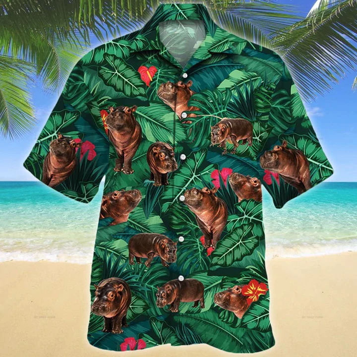 Hippo Lovers Gift Hawaiian Shirt, Tropical Hippo Men Hawaiian Shirts - Casual Button Down Short Sleeve Shirt