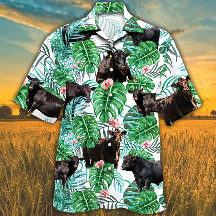 Hawaiian shirt for men, Black Angus Cattle Lovers Tropical Plant Hawaiian Shirt, Cow Summer Hawaiian Shirt