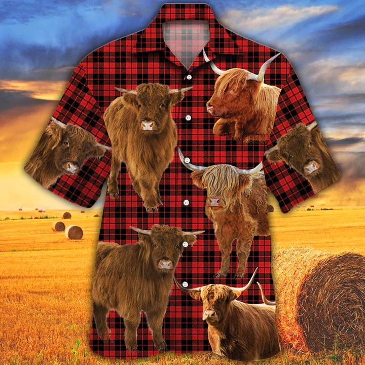 Highland Cattle Lovers Red Tartan Pattern Hawaiian Shirt- Cow Aloha Shirt, Gift For Cow Lovers