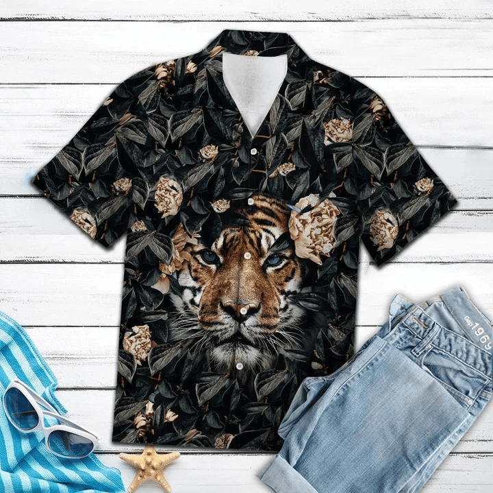Hiding Tiger Let?s Get Lost Tropical Hibiscus On Black Pattern Hawaiian Shirt