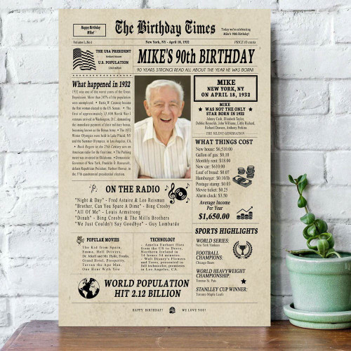 Grandparents 90th Birthday Newspaper Sign Personalized Poster Canvas