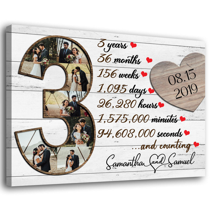 3 Year 3rd Anniversary Couple Photo Collage Personalized Canvas
