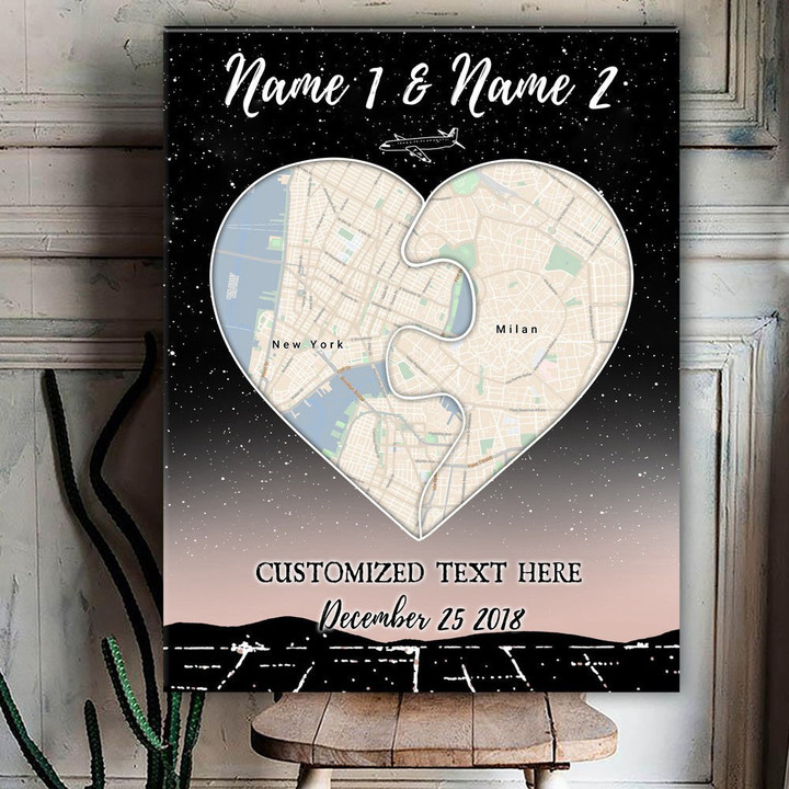 Anniversary Gift Heart Pieces Map Couple Personalized Canvas