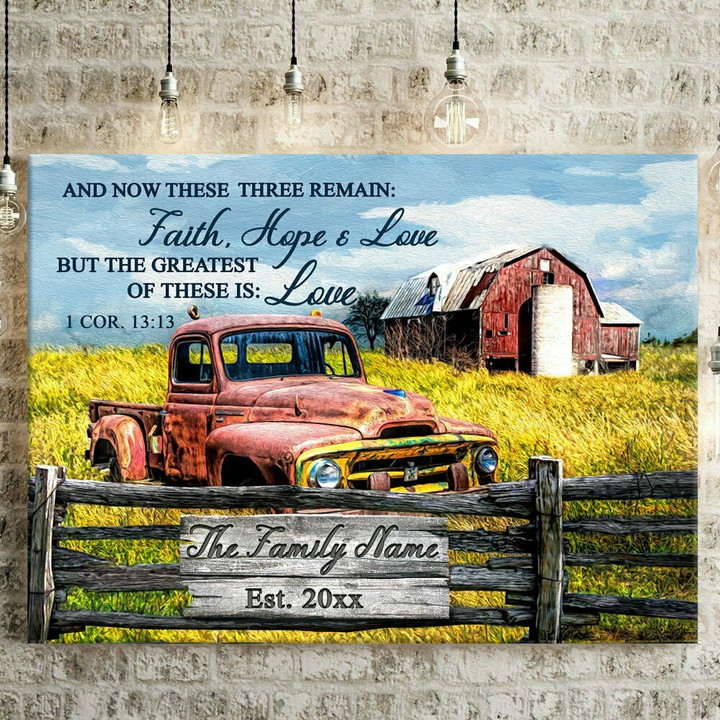 Family Est Old Red Truck Barn Farmhouse Christian Personalized Canvas