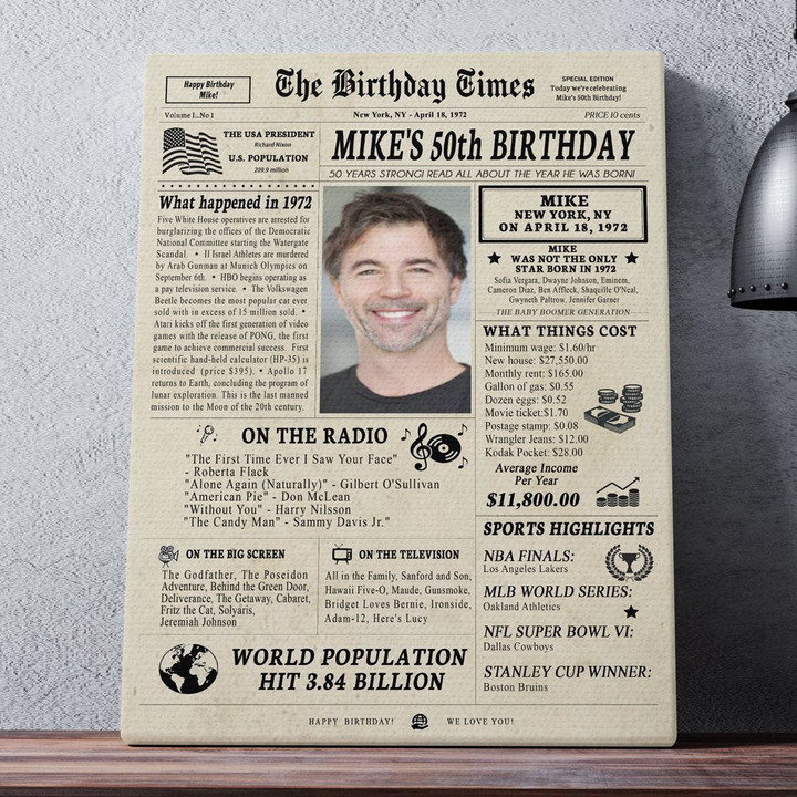 Personalized Happy 50th Birthday Newspaper Poster Canvas