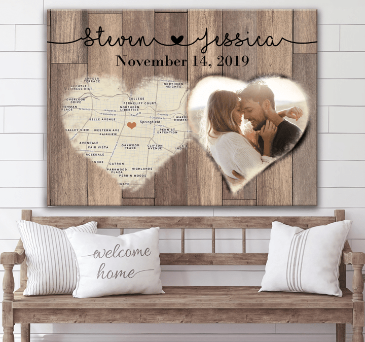 Anniversary Gift Couple Name Date Heart Map Custom Personalized Canvas
