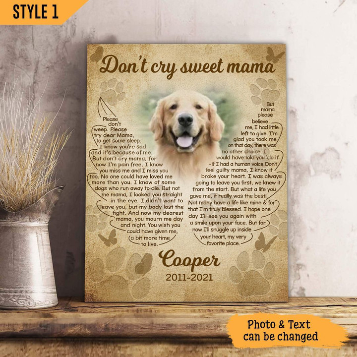 Dog Mom Don't Cry Sweet Mama Angel Wings Dog Memorial Gift Wall Art Vertical Poster Canvas Framed Print