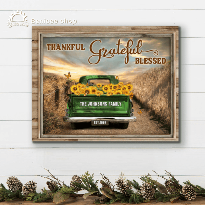 Personalized Family Name Canvas, Vintage Truck Wall Decor, Canvas For Family, Thankful Grateful Blessed