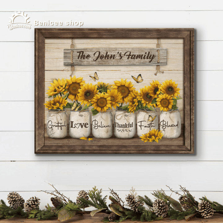 Personalized Family Wall Art Canvas, Sunflower Wall Art, Floral Wall Decor, Believe Love Grateful
