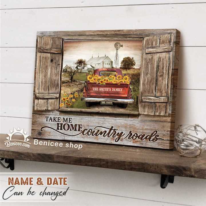 Old Window Farmhouse Canvas Wall Art Family Country Road Take Me Home Red Truck BENICEE