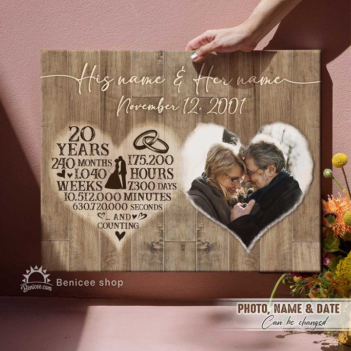 20 Years Anniversary Gift Wall Art Canvas And Counting Couple Heart