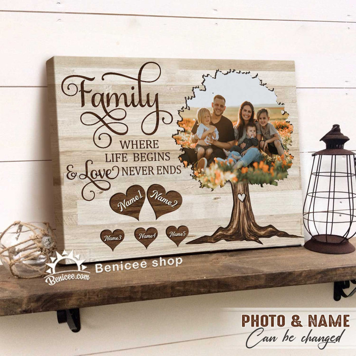 Personalized Family Tree Wall Art Canvas Life Begins And Love Never Ends