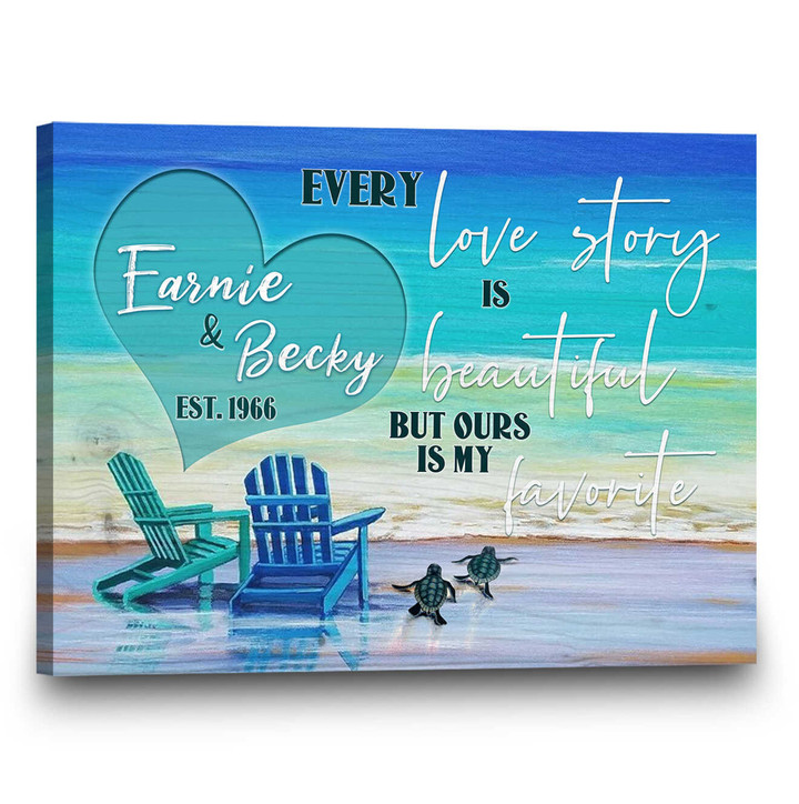 Personalized Coastal Canvas, Ocean Wall Art for Bedroom, Every love story is beautiful Sign, Couples Gift