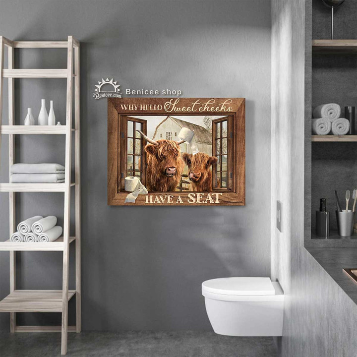 Funny Animal Bathroom Wall Art Canvas - Why Hello Sweet Cheeks Highland Cattle